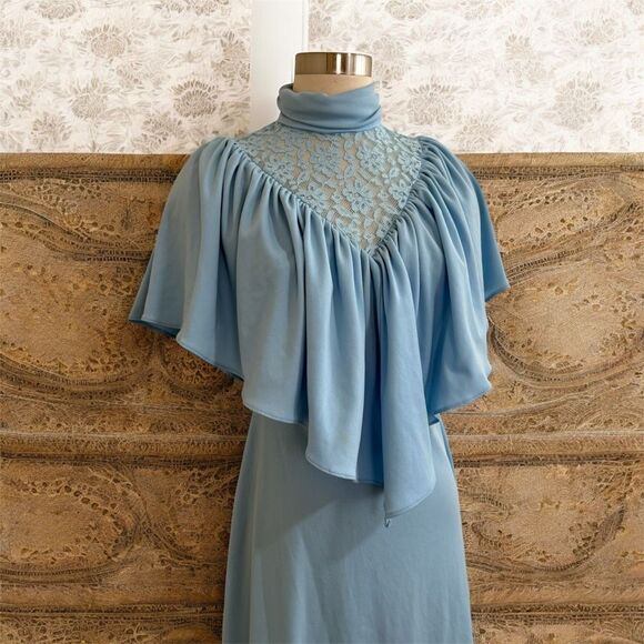 Vintage 1970s Flutter Angel Lace High Neck Prom Formal Dress Blue Small - Picture 1 of 8